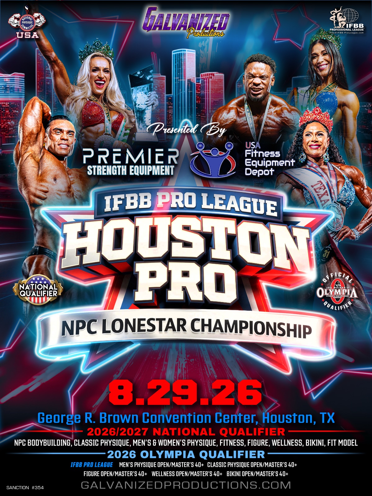 Official poster: IFBB Pro League Houston Pro and NPC Lone Star Championship, presented by Premier Strength Equipment and USA Fitness Equipment Depot, August 29, 2026 at the George R. Brown Convention Center, Houston, TX